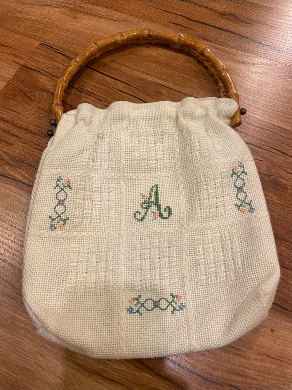 Purse Hand Bag Cross Stitch A Vintage Antique Bamboo Handle Needlepoint Floral